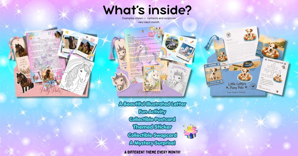 What's inside a Little Letters Pony Pals delivery, including illustrated letters, activities, collectible postcards, themed stickers, swap cards, and mystery surprises