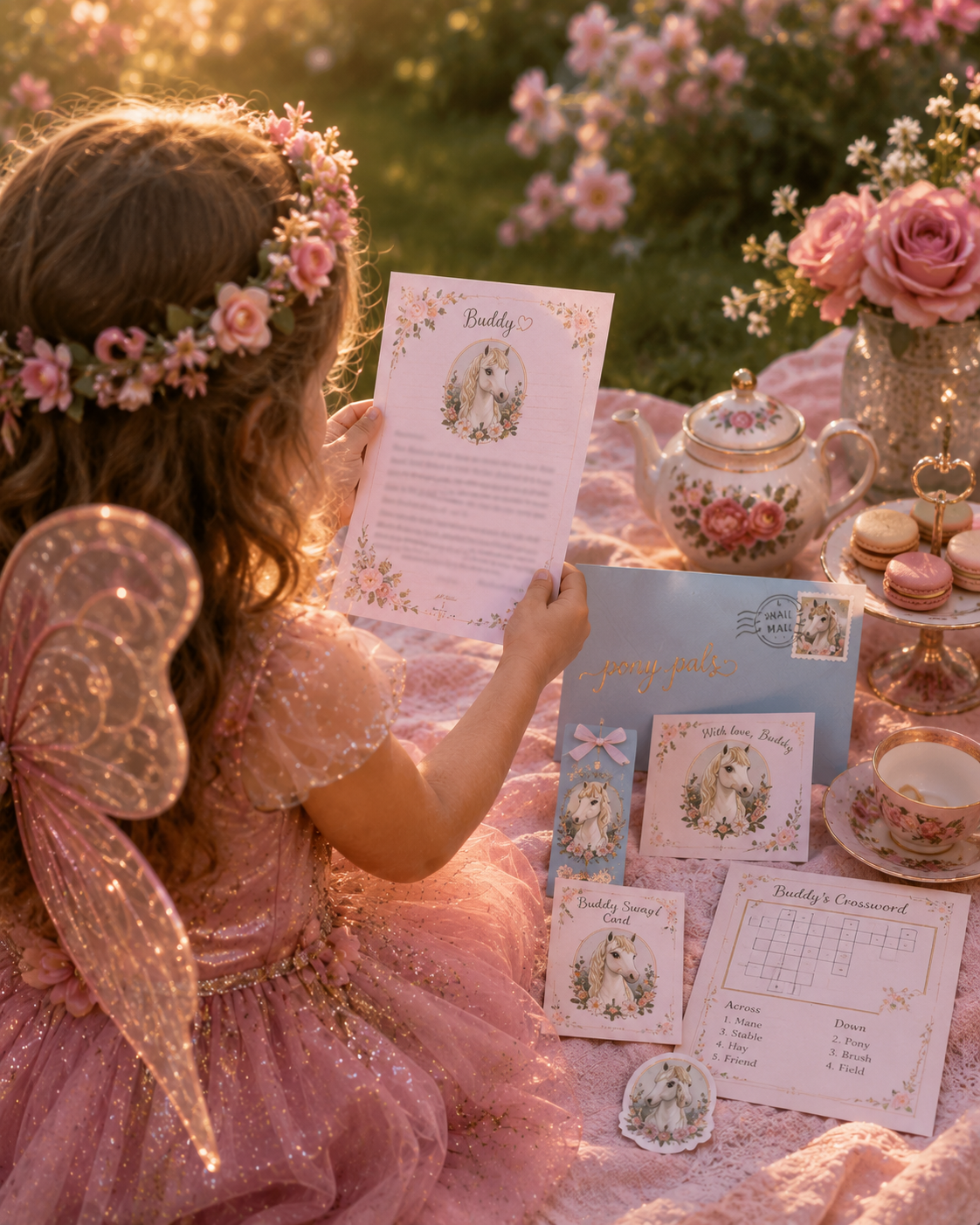 A child in a flower crown reading Buddy's illustrated Pony Pal letter beside an envelope, keepsakes, and activity cards