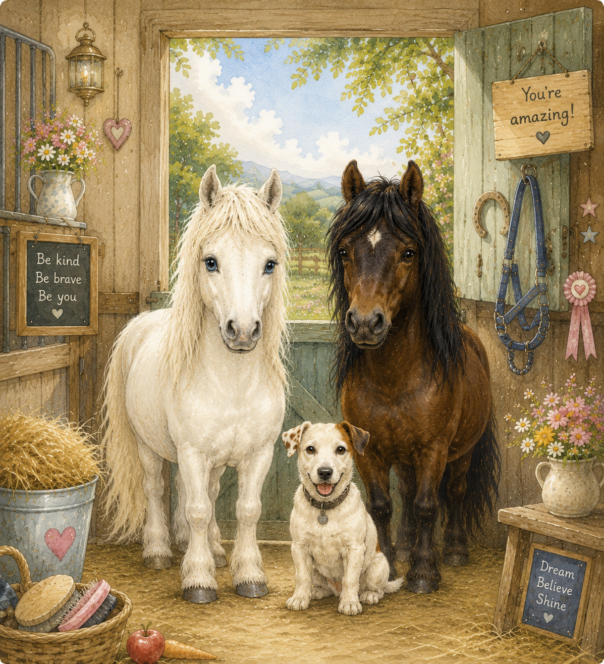 Buddy, Nunuka, and Ronnie together in a bright countryside scene