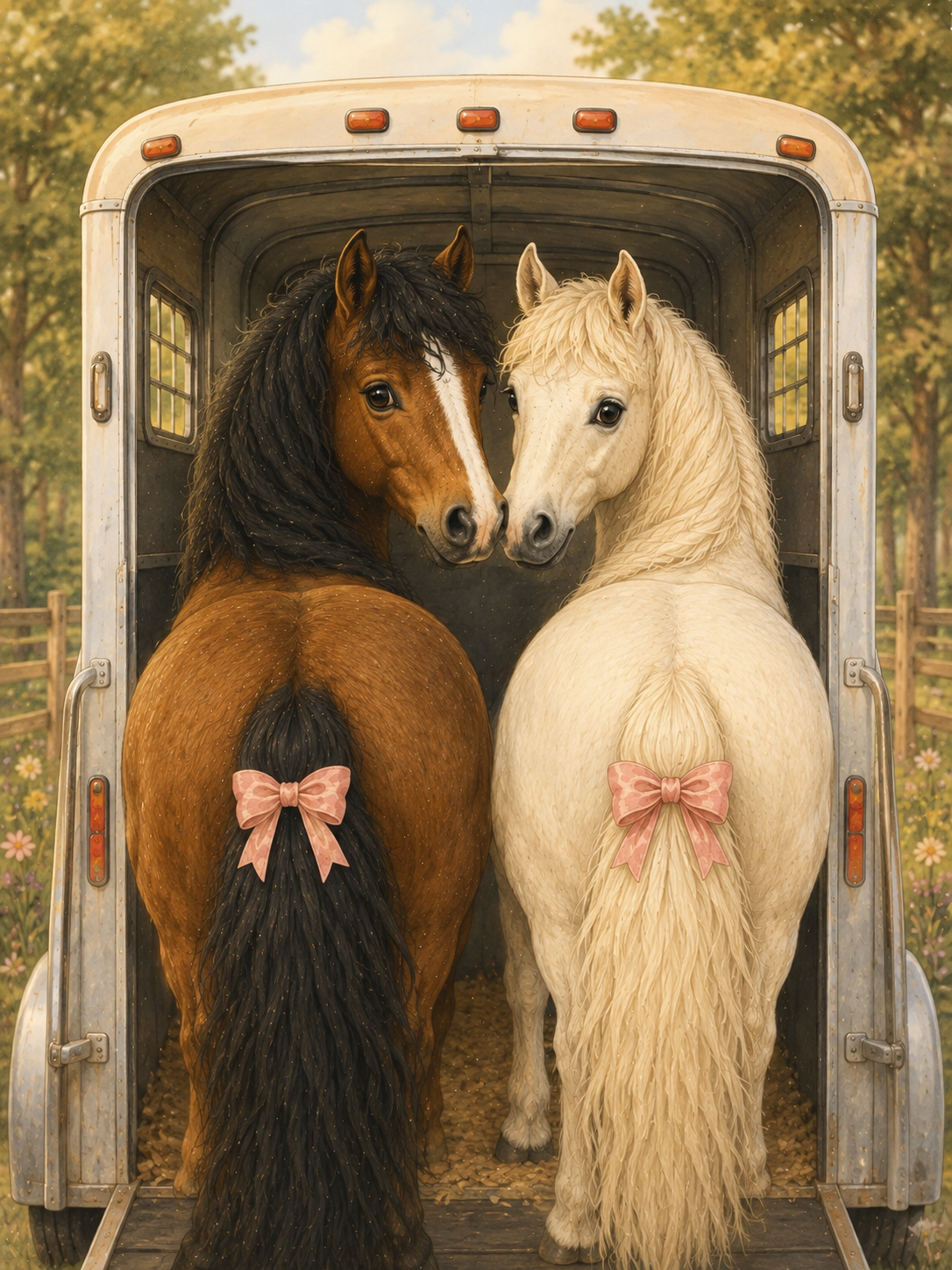 Two friendly Pony Pals standing together in a horse trailer, ready for their next adventure