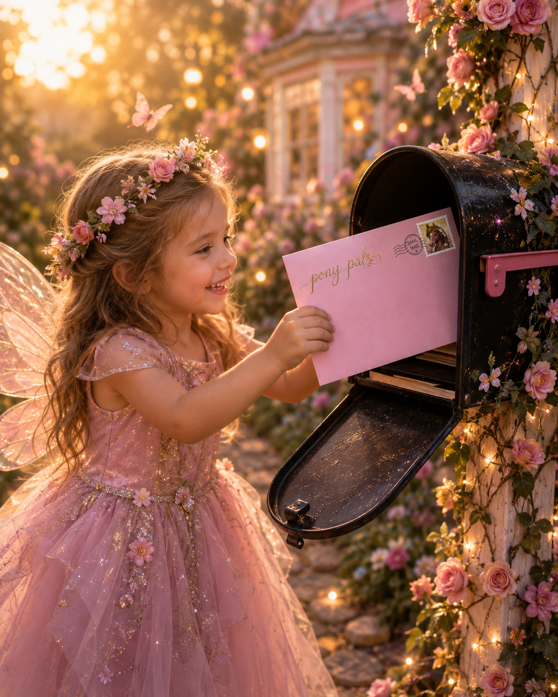 A child holding a pink Pony Pal envelope beside a flower-covered mailbox, ready for monthly pony mail
