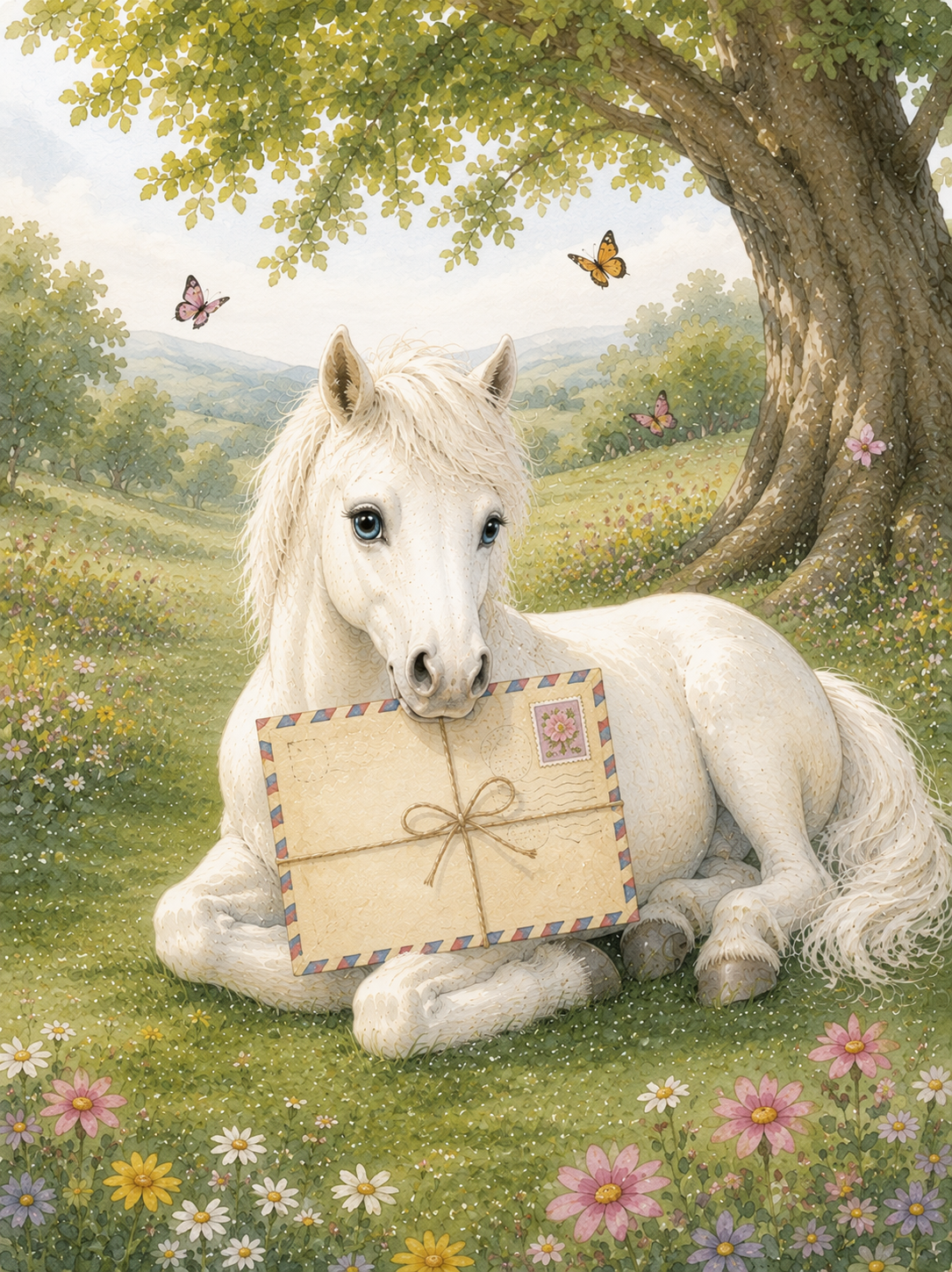 Buddy, a magical white pony surrounded by colourful letters and keepsakes